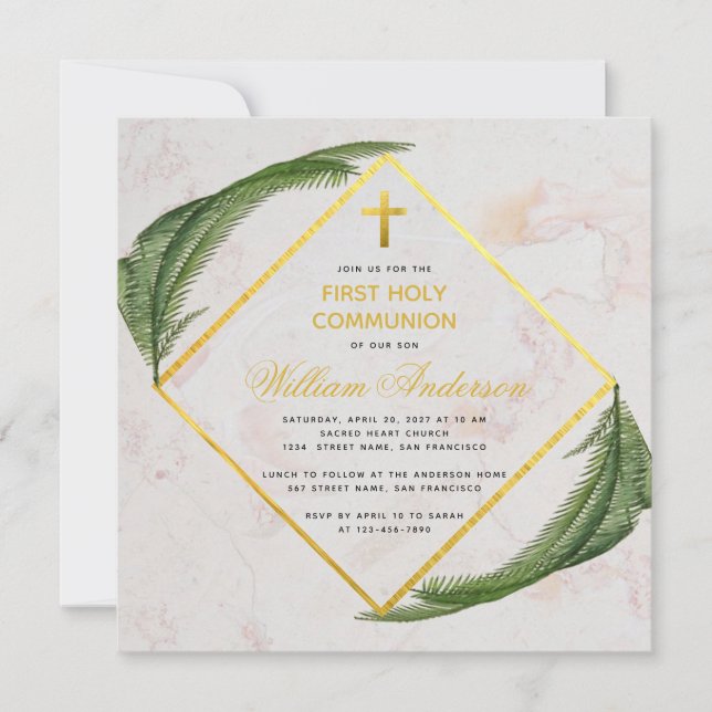 Invitation Première Communion Verdure Faux Gold Marble Fern (Devant)