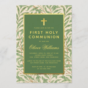 Invitation Première Communion Vert Faux Or Feuillage Vert