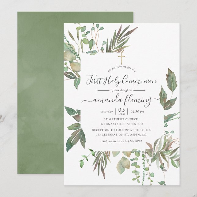 Invitation Première communion verte (Devant / Derrière)
