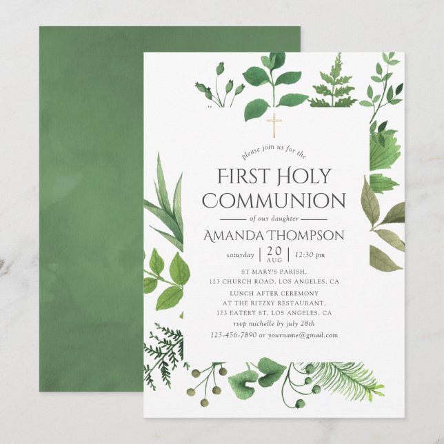 Invitation Première communion verte forêt boisée (Devant / Derrière)