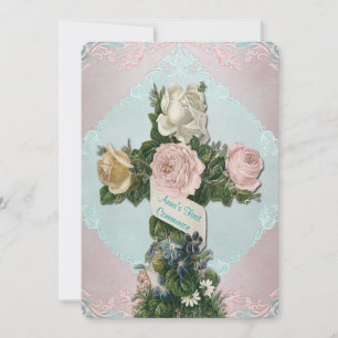 Invitation Première communion vintage bleu sarcelle et rose