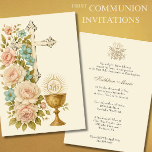 Invitation Première Communion Vintage Florale