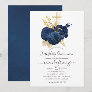Invitation Première communion vintage rose bleu marine et or