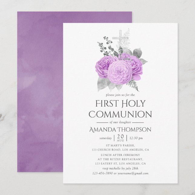 Invitation Première communion vintage rose violet et argent (Devant / Derrière)