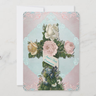 Invitation Première communion Vintage Turquoise bleue et rose