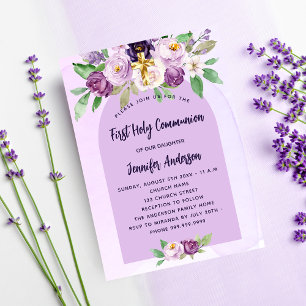 Invitation Première communion violet fleurs violet croix fill
