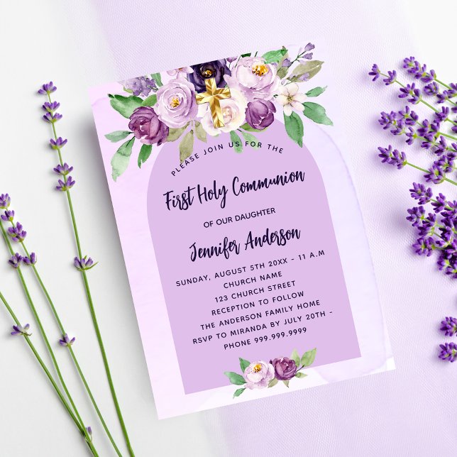 Invitation Première communion violet fleurs violet croix fill (Créateur téléchargé)