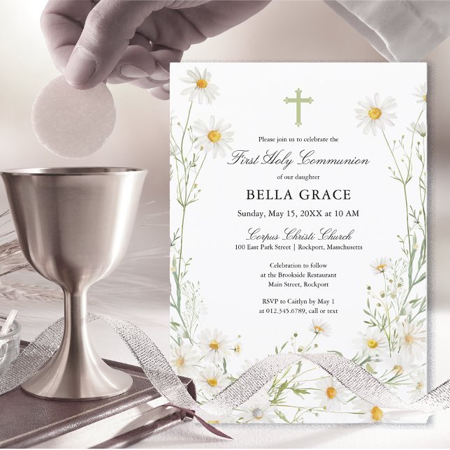 Invitation Première Communion White Daisy Floral (Créateur téléchargé)