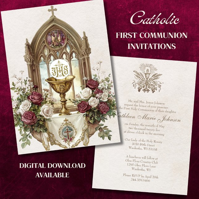 Invitation Première communionCalice Hostie Roses blanches de  (Créateur téléchargé)