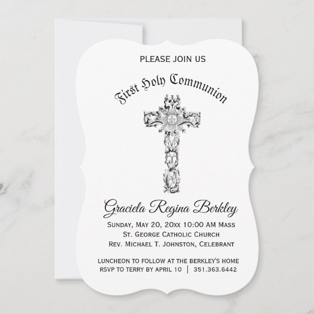 Invitation Première Croix de la Communion Noir Blanc Invitati (Devant)