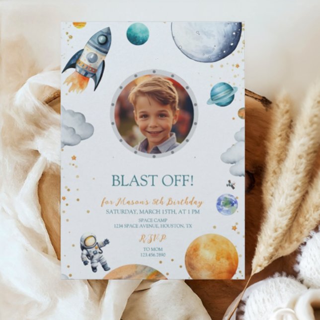 Invitation Première excursion astronaute fusée photo annivers (Créateur téléchargé)