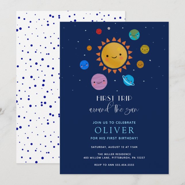 Invitation Première excursion autour du soleil Anniversaire (Devant / Derrière)