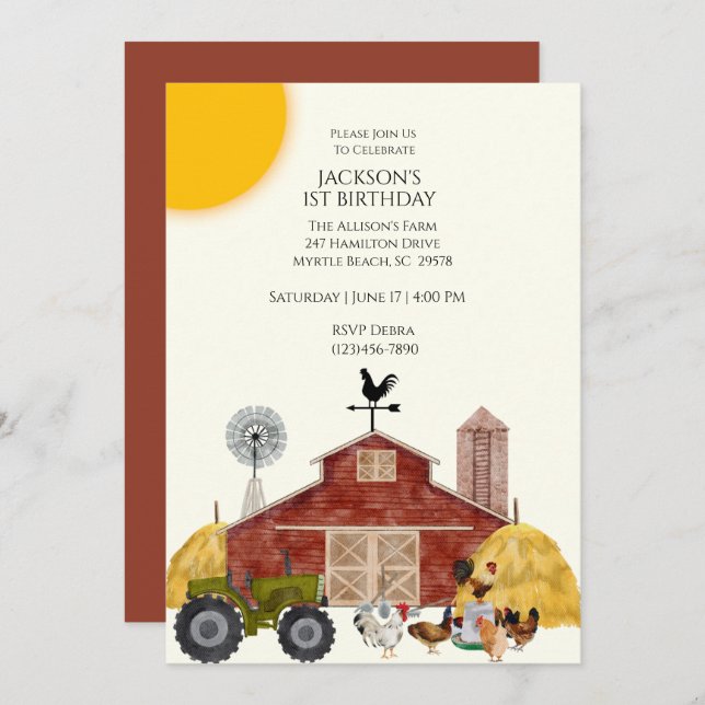 Invitation Première ferme d'anniversaire Animaux de ferme Inv (Devant / Derrière)