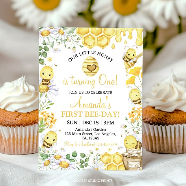 Invitation Première fête d'anniversaire abeille florale Jour  (Créateur téléchargé)