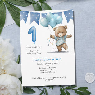 Invitation Première fête d'anniversaire Baby Boy Bear Balloon