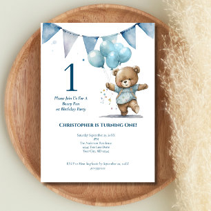 Invitation Première fête d'anniversaire Baby Boy Bear Balloon