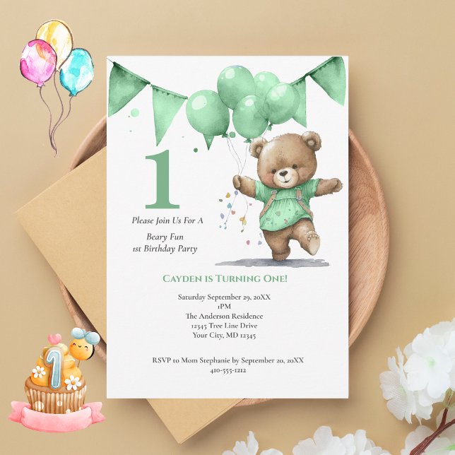 Invitation Première fête d'anniversaire Baby Boy Bear Balloon (Créateur téléchargé)