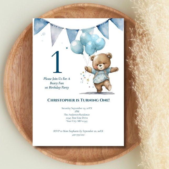 Invitation Première fête d'anniversaire Baby Boy Bear Balloon (First Birthday Baby boy Bear Invitation. Printed or Digital Download.)