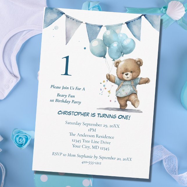 Invitation Première fête d'anniversaire Baby Boy Bear Balloon (Créateur téléchargé)