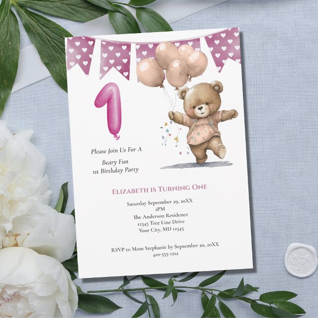 Invitation Première fête d'anniversaire Baby Girl Bear Balloo (Créateur téléchargé)