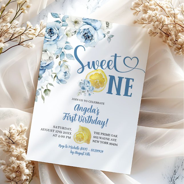 Invitation Première fête d'anniversaire Blue Floral Lemon Swe (Créateur téléchargé)