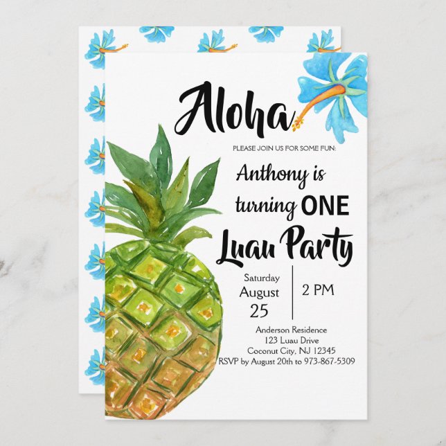 Invitation Première fête d'anniversaire d'ananas tropical de (Devant / Derrière)