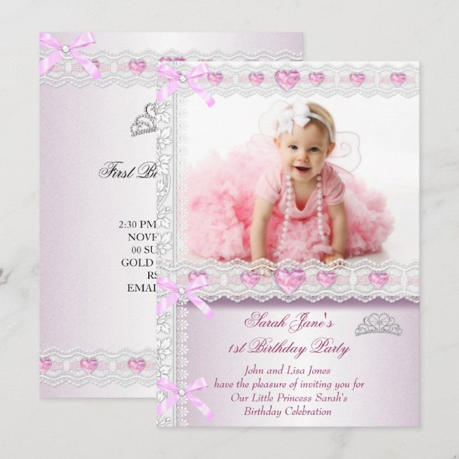 Invitation Première fête d'anniversaire de 1 an Filles Prince (Devant / Derrière)