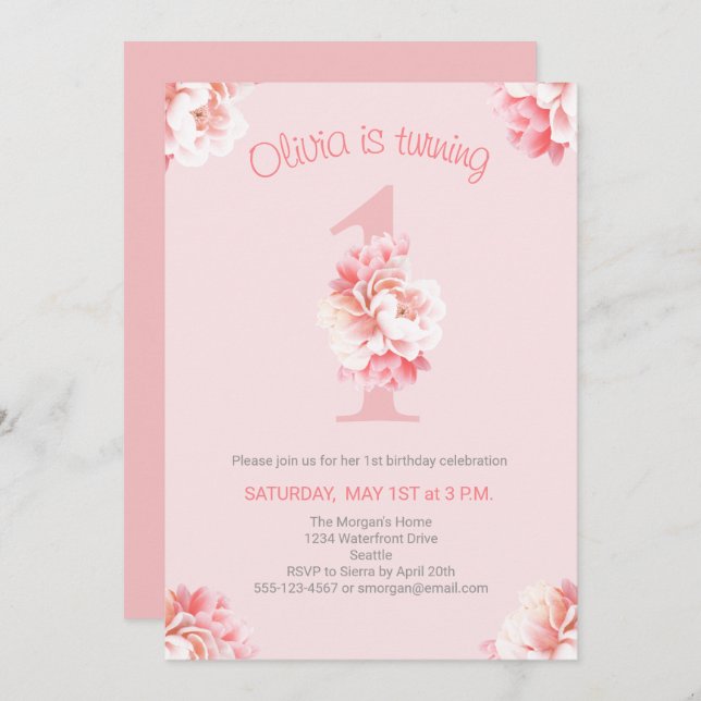 Invitation Première fête d'anniversaire de la fille rose mign (Devant / Derrière)