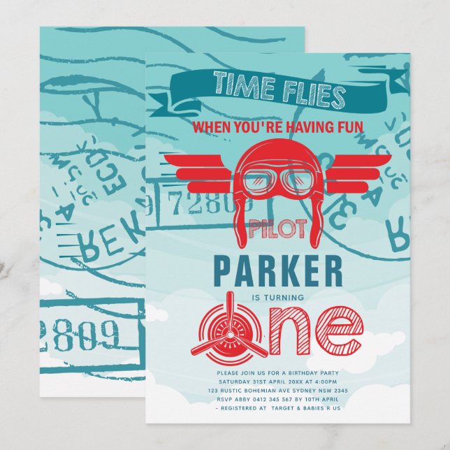Invitation Première fête d'anniversaire de l'avion (Devant / Derrière)