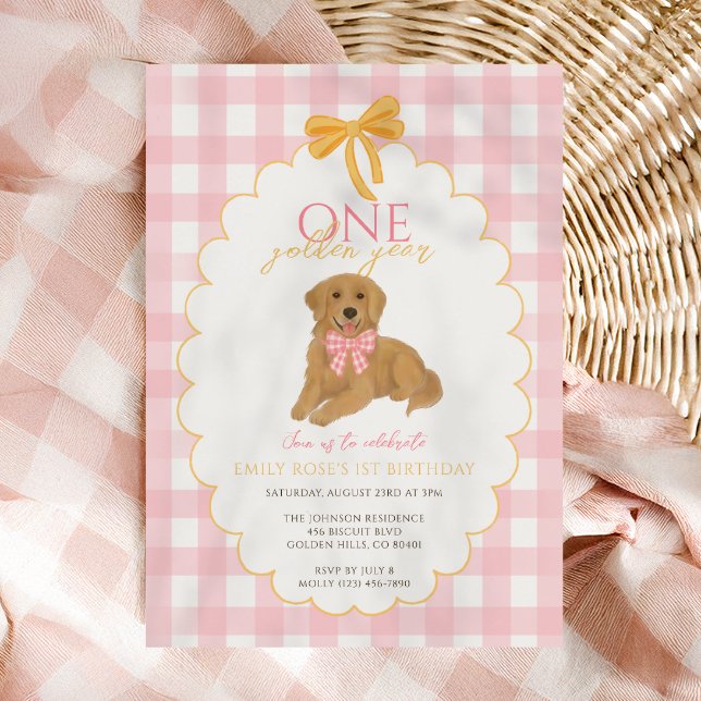 Invitation Première fête d'anniversaire de Pink Golden Retrie (Créateur téléchargé)