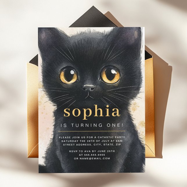 Invitation Première fête d'anniversaire de Sweet Black Cat   (Créateur téléchargé)