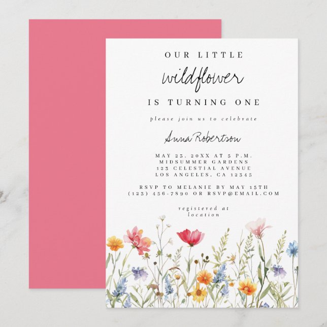 Invitation Première fête d'anniversaire du Fleur sauvage d'aq (Devant / Derrière)