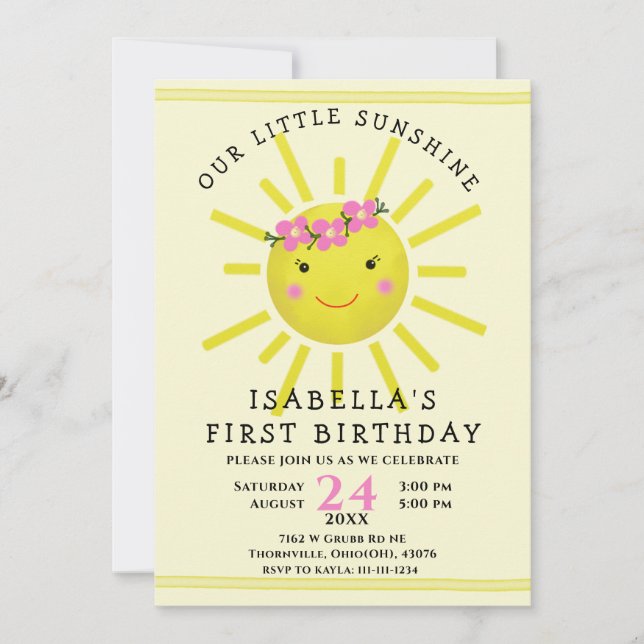 Invitation Première fête d'anniversaire du soleil jaune pâle (Devant)