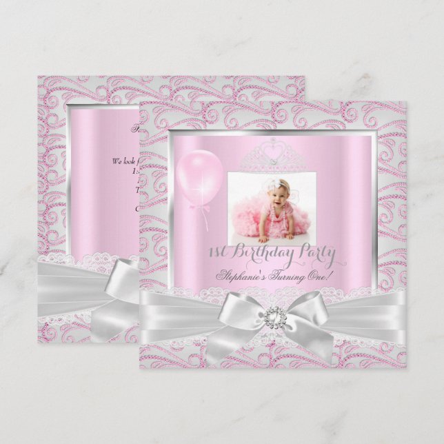 Invitation Première Fête d'Anniversaire Filles Couronne de Di (Devant / Derrière)