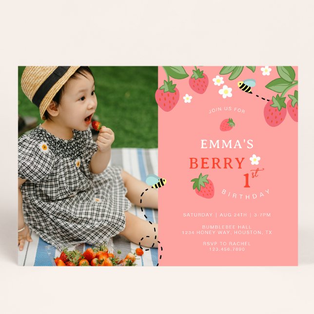 Invitation Première fête d'anniversaire rose de fraise abeill (Créateur téléchargé)
