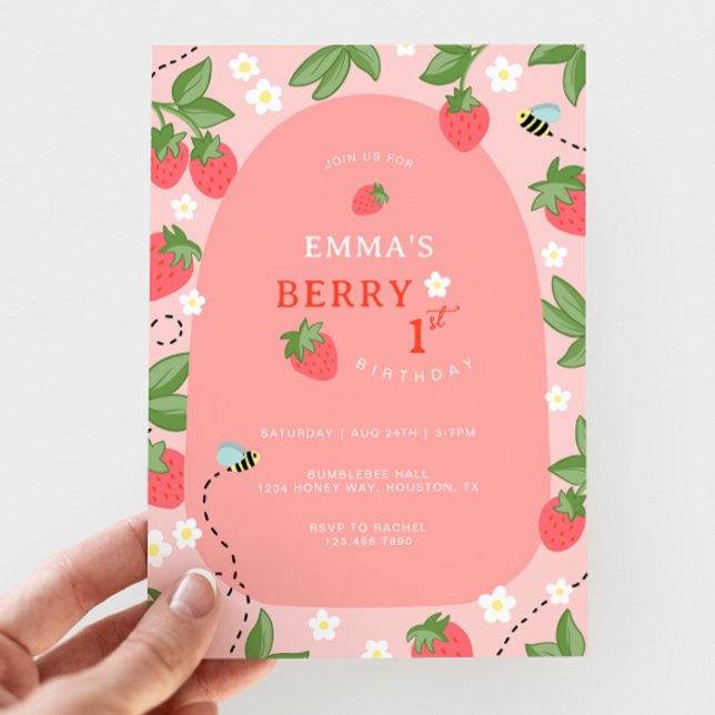 Invitation Première fête d'anniversaire rose fraise abeille B (Créateur téléchargé)