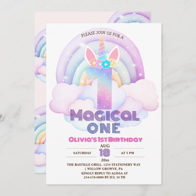 Invitation Première fête d'anniversaire Unicorn Rainbow 1er (Devant / Derrière)