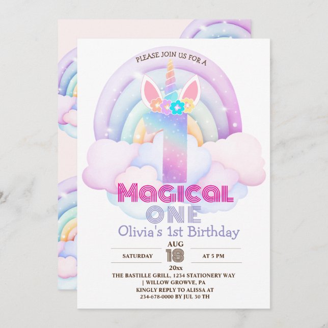 Invitation Première fête d'anniversaire Unicorn Rainbow 1er (Devant / Derrière)