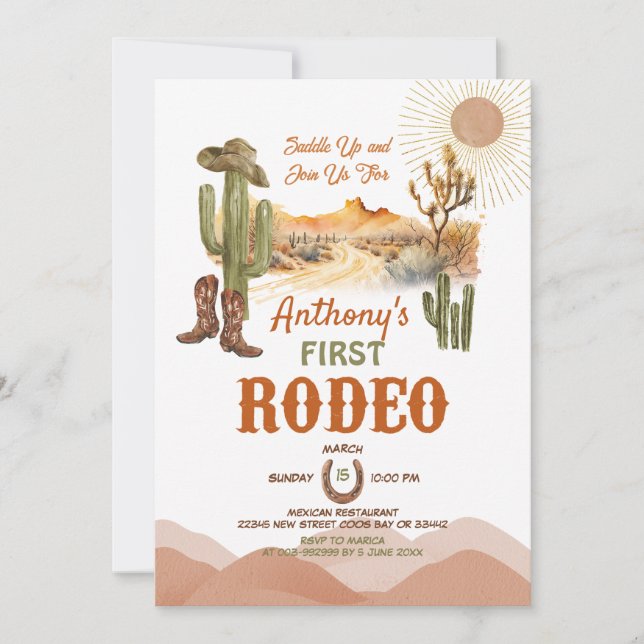 Invitation Première Fête de Bébé Rodéo Désert Cowboy (Devant)