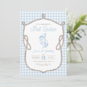 Invitation Première Fête de Rodeo à Gingham Bleu pour 1 an Co