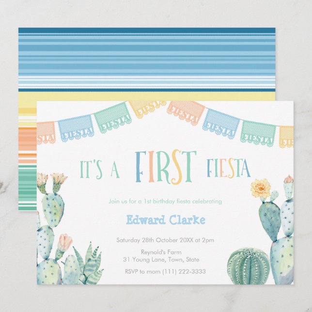 Invitation Première Fête Jaune Bleu Cactus 1er Anniversaire (Devant / Derrière)