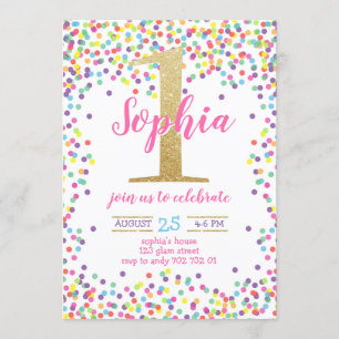 Invitation Première Fille Anniversaire Colorful Confetti Numé