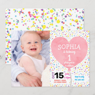 Invitation Première fille Anniversaire de Confetti Photo de B