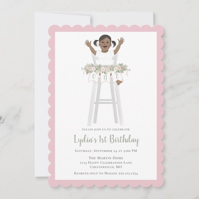Invitation Première Fille Anniversaire Haut Chaise Bunting (Devant)