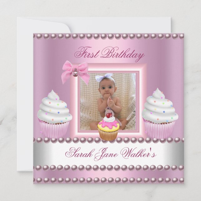 Invitation Première fille anniversaire Pink Cupcakes White Pe (Devant)