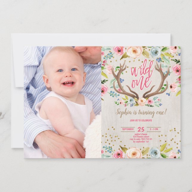 Invitation Première fille Antlers Antlers Rustic Wild One Pho (Devant)