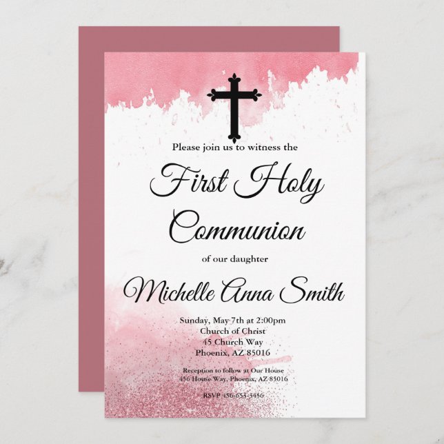 Invitation Première fille Couleur d'or du premier Rose de la  (Devant / Derrière)