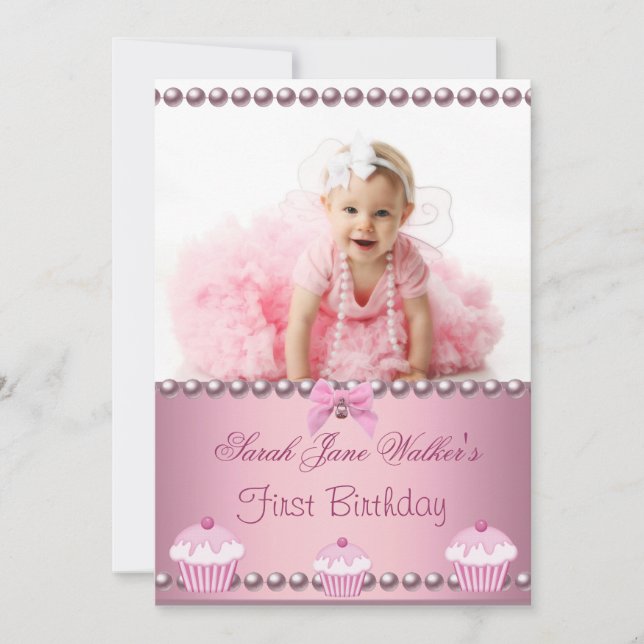 Invitation Première fille d'anniversaire 1 an Gâteaux roses B (Devant)