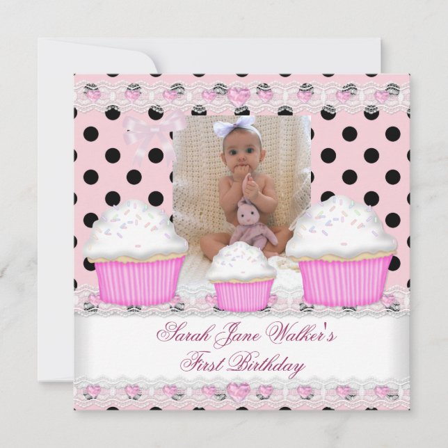 Invitation Première fille d'anniversaire Gâteaux roses Noir B (Devant)