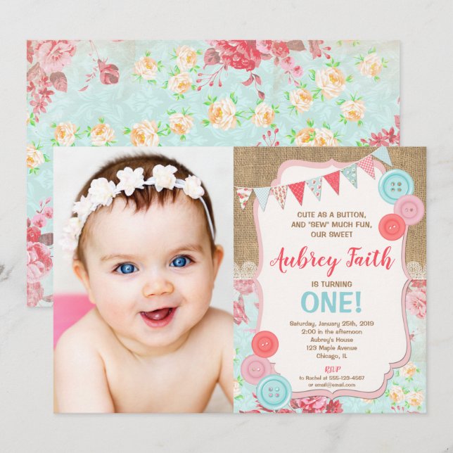 Invitation première fille de 1er anniversaire mignonne comme  (Devant / Derrière)